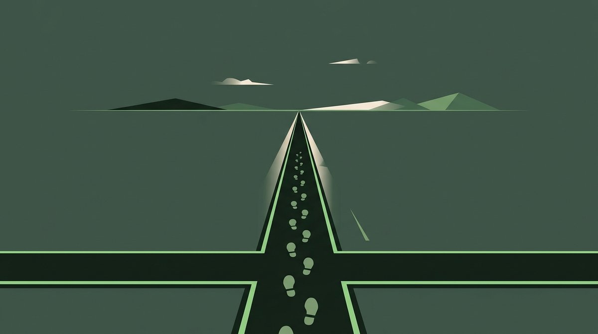 Ilustrasi jejak kaki melangkah meninggalkan persimpangan jalan menuju satu arah di atas latar hijau tua